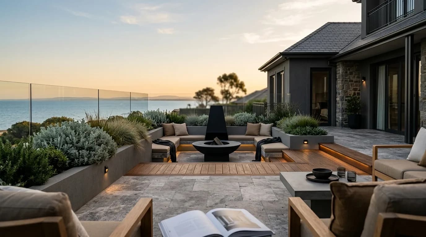 Brighton coastal terrace at golden hour overlooking Port Phillip Bay