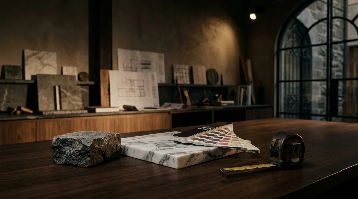 Material samples on a Melbourne builder's editorial table