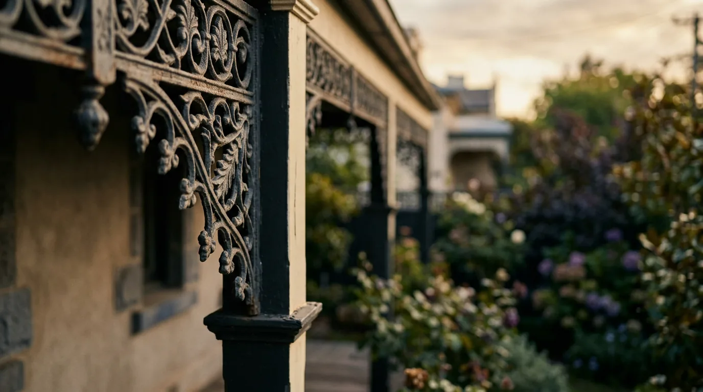Heritage cast-iron lacework on a Toorak Victorian verandah