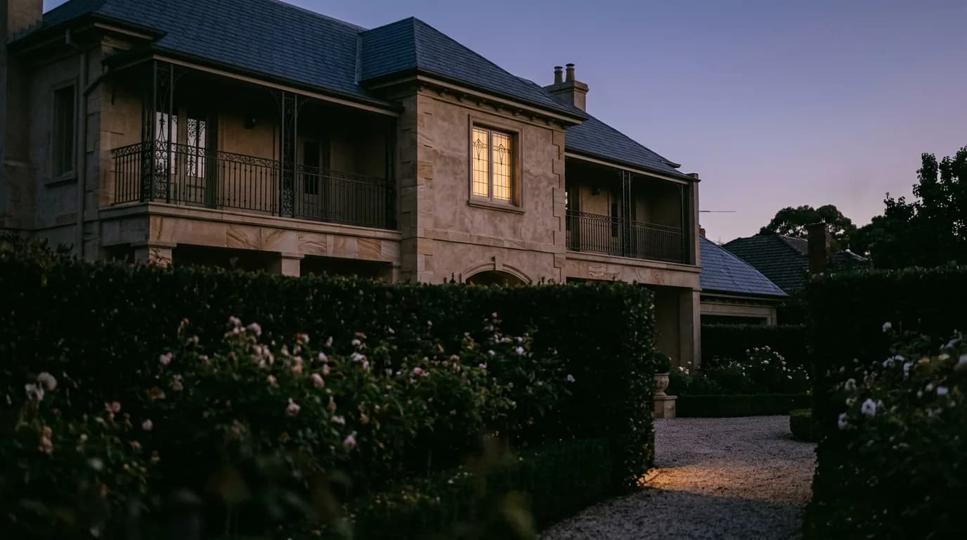 Solitary lit leadlight window of a Kew French-provincial home at night