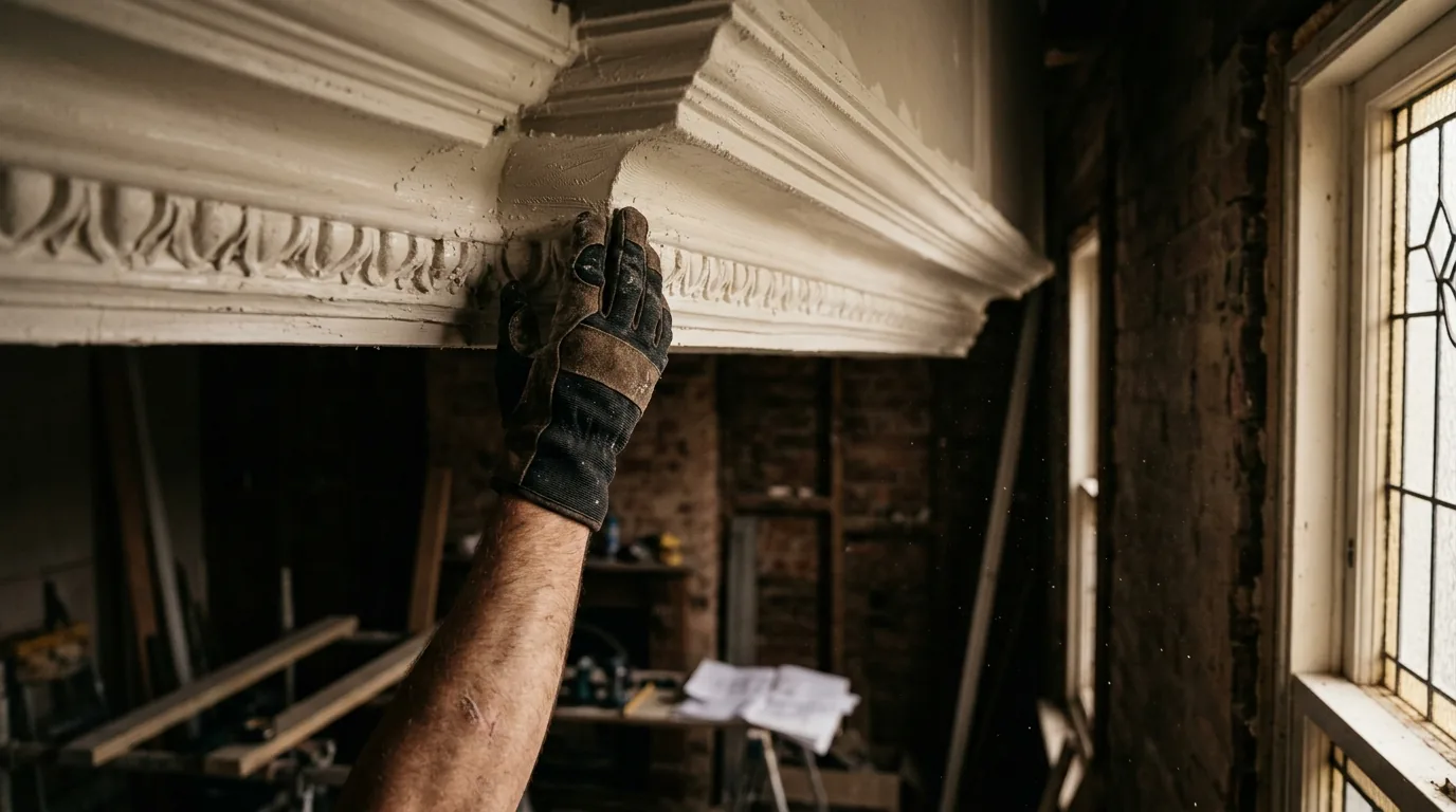 Heritage cornice profile detail mid-renovation in a Kew home