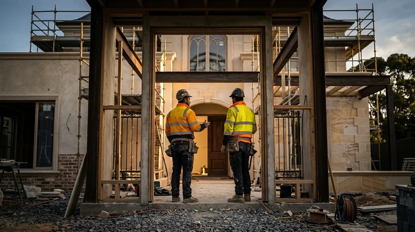 Two builders in conversation at a Brighton luxury home worksite