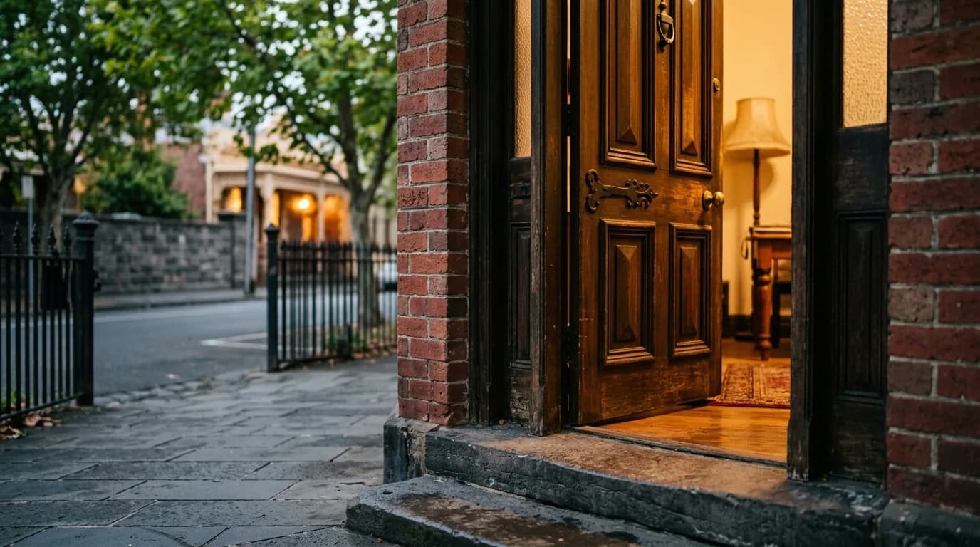 Welcoming threshold of a Brunswick builder's office at dusk
